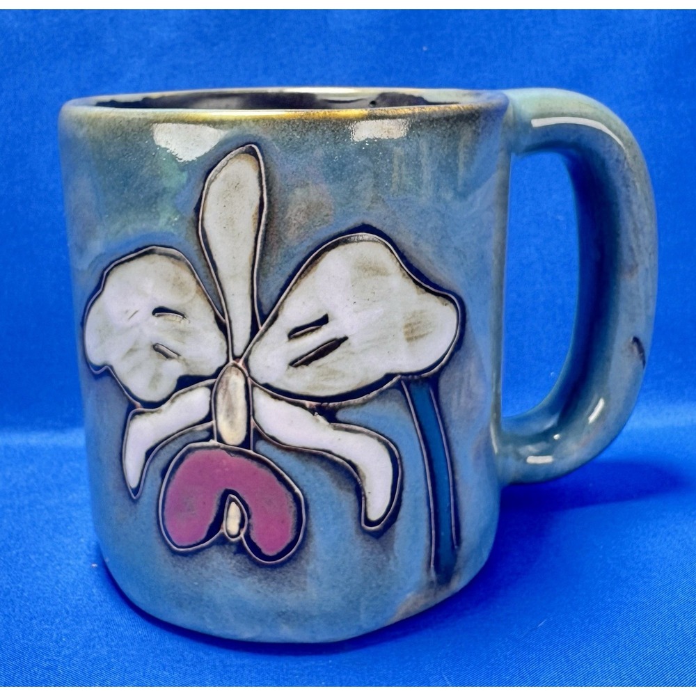 Mara Mexico Hand Painted Floral Pottery Mug Large 16 oz Blue Stoneware